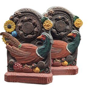 Vintage Hand-Carved Wooden Pheasant Bookends With Floral Accents